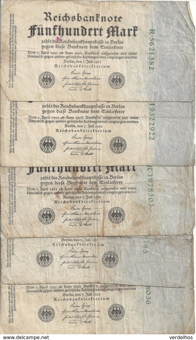 ALLEMAGNE 500 MARK 1922 VG+ P 74 ( 5 Billets ) - 500 Mark