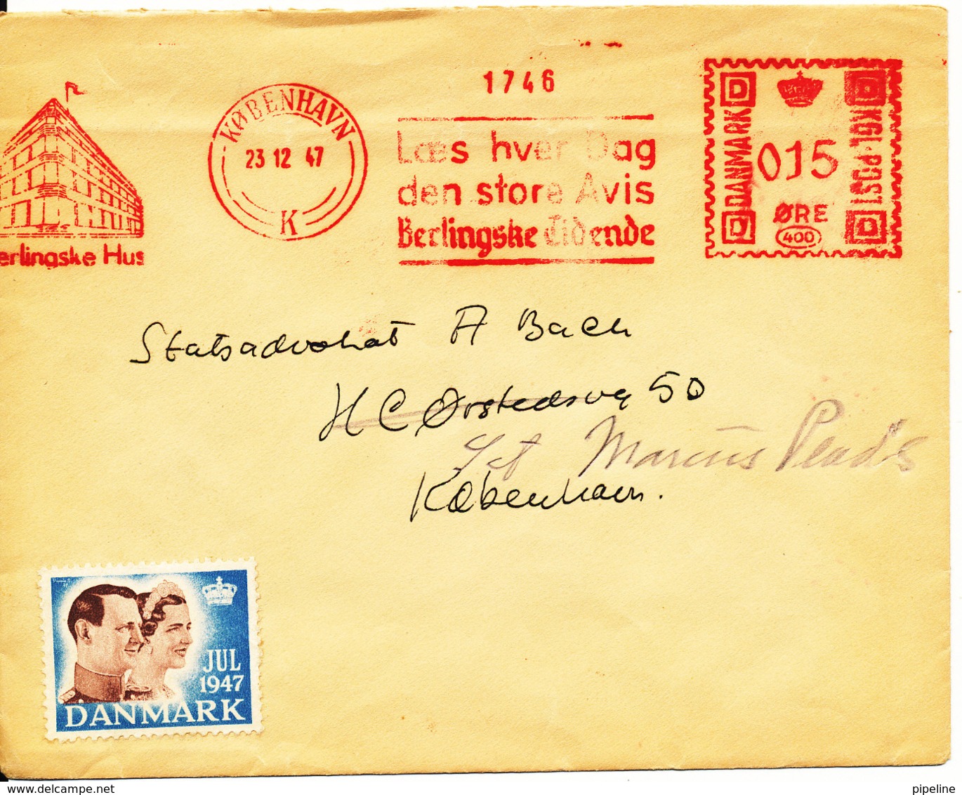 Denmark Cover With Meter Cancel Copenhagen 23-12-1947 (laes Hver Dag Den Store Avis Berlingske Tidende) + Christmas Seal - Covers & Documents