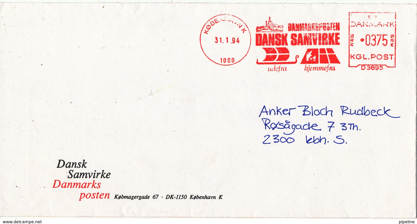 Denmark Cover With Meter Cancel Copenhagen 31-1-1994 (Danmarksposten Dansk Samvirke) - Storia Postale