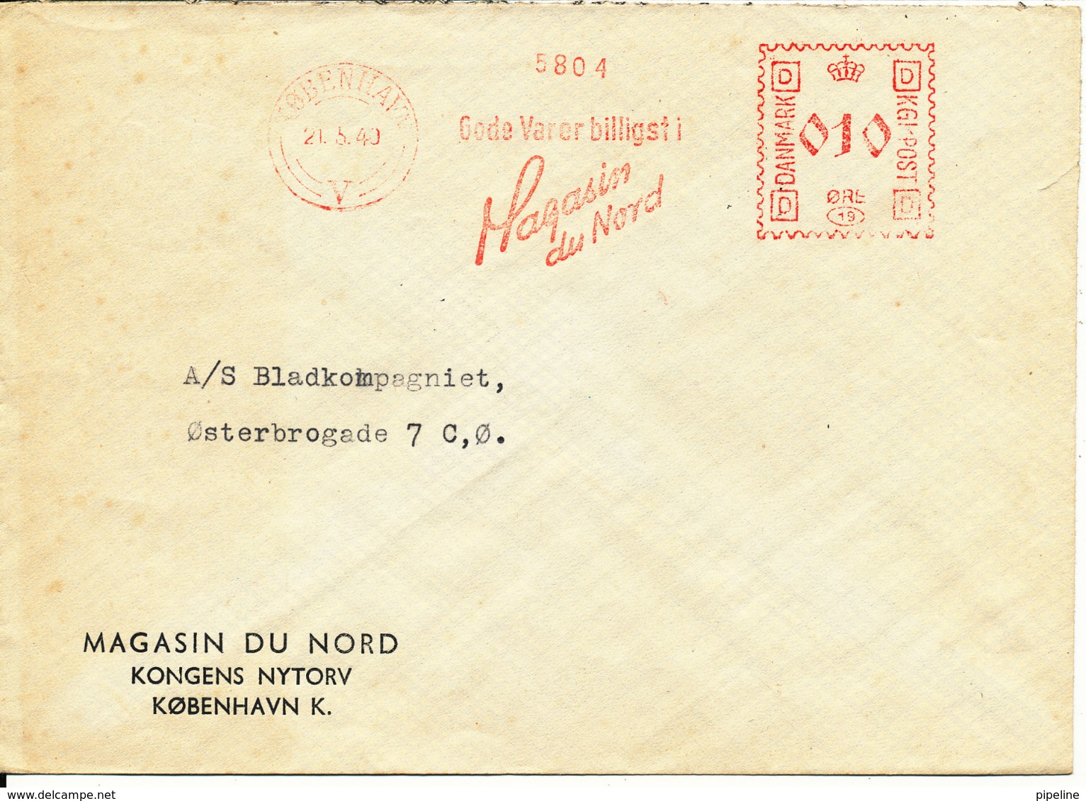 Denmark Cover With Meter Cancel Copenhagen 21-5-1940 Magasin Du Nord - Covers & Documents