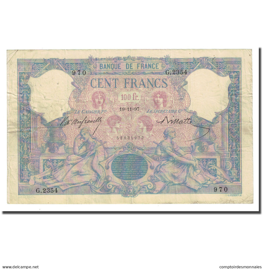 France, 100 Francs, Bleu Et Rose, 1897-11-19, TB+, Fayette:21.10, KM:65b - 100 F 1888-1909 ''Bleu Et Rose''