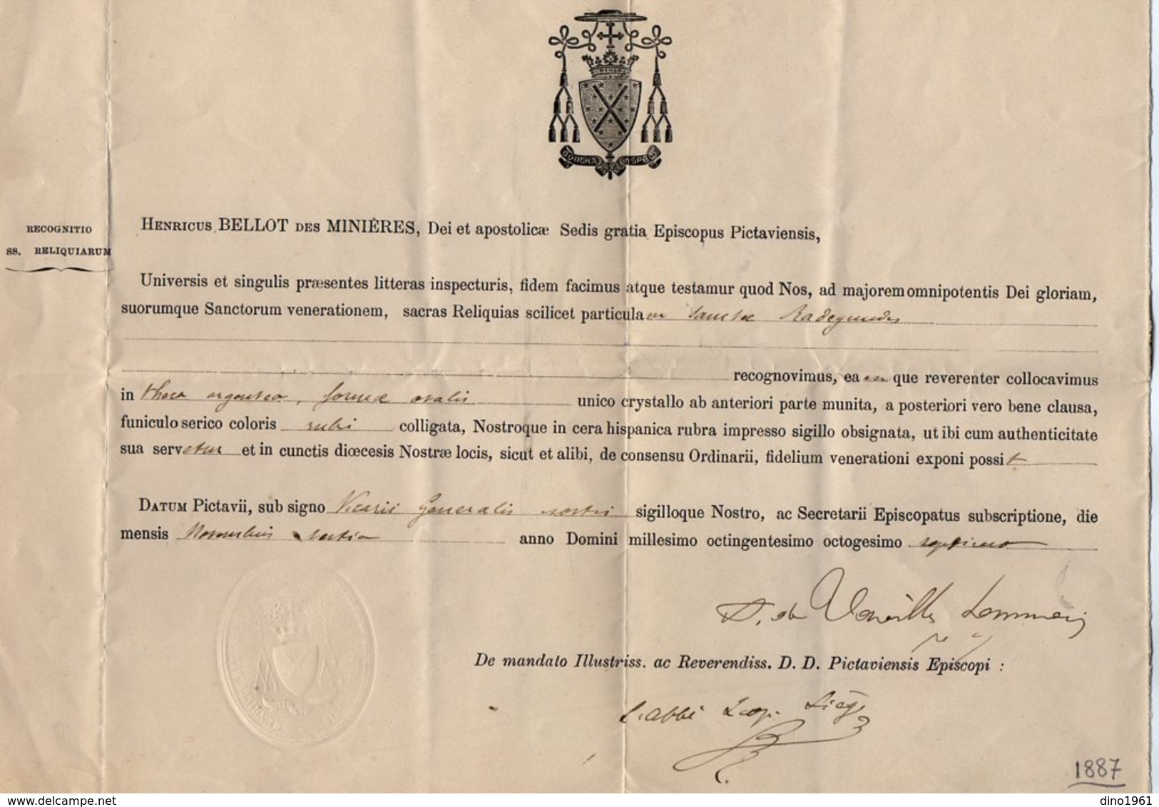 VP16.035 - 1887 - Document En Latin - Monseigneur Henricus BELLOT Des MINIERES Evêque De POITIERS - Religion & Esotérisme