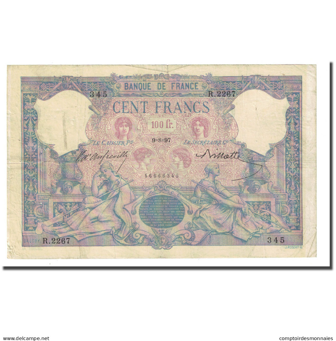 France, 100 Francs, Bleu Et Rose, 1897-08-09, TB, Fayette:21.10, KM:65b - 100 F 1888-1909 ''Bleu Et Rose''