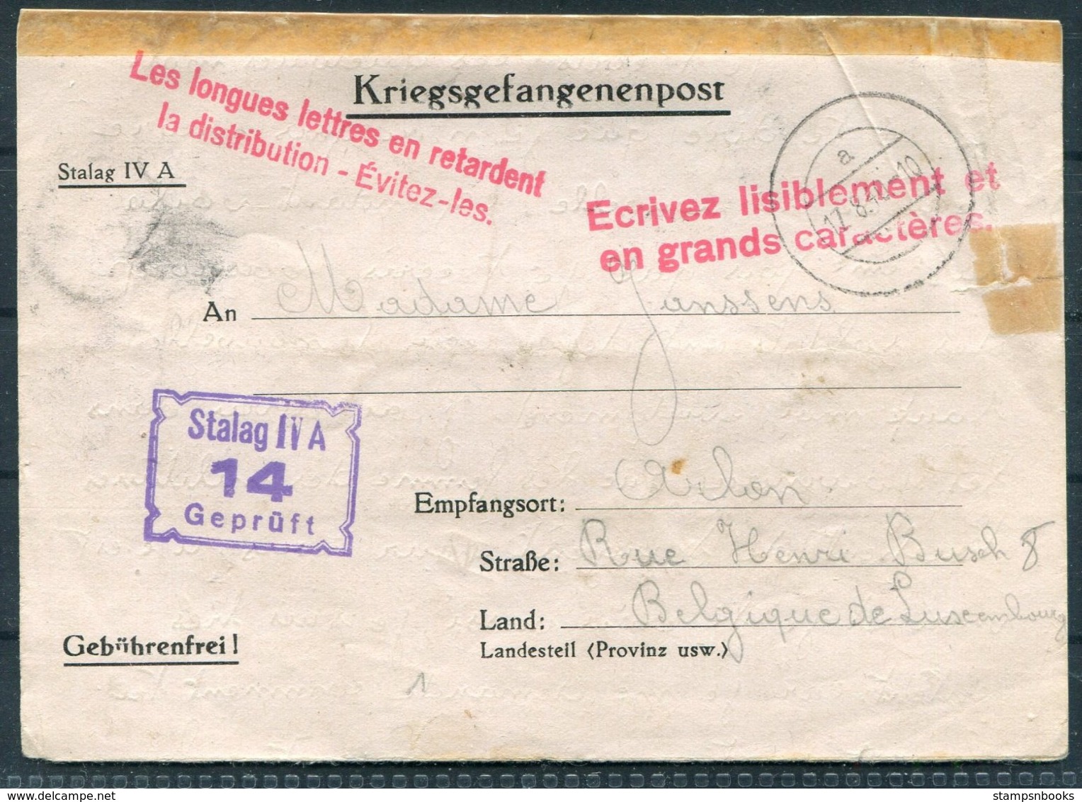 1940 Germany Kriegsgefangenpost POW Stalag IV-A Censor - Belgium. Instructional Cachets - Covers & Documents