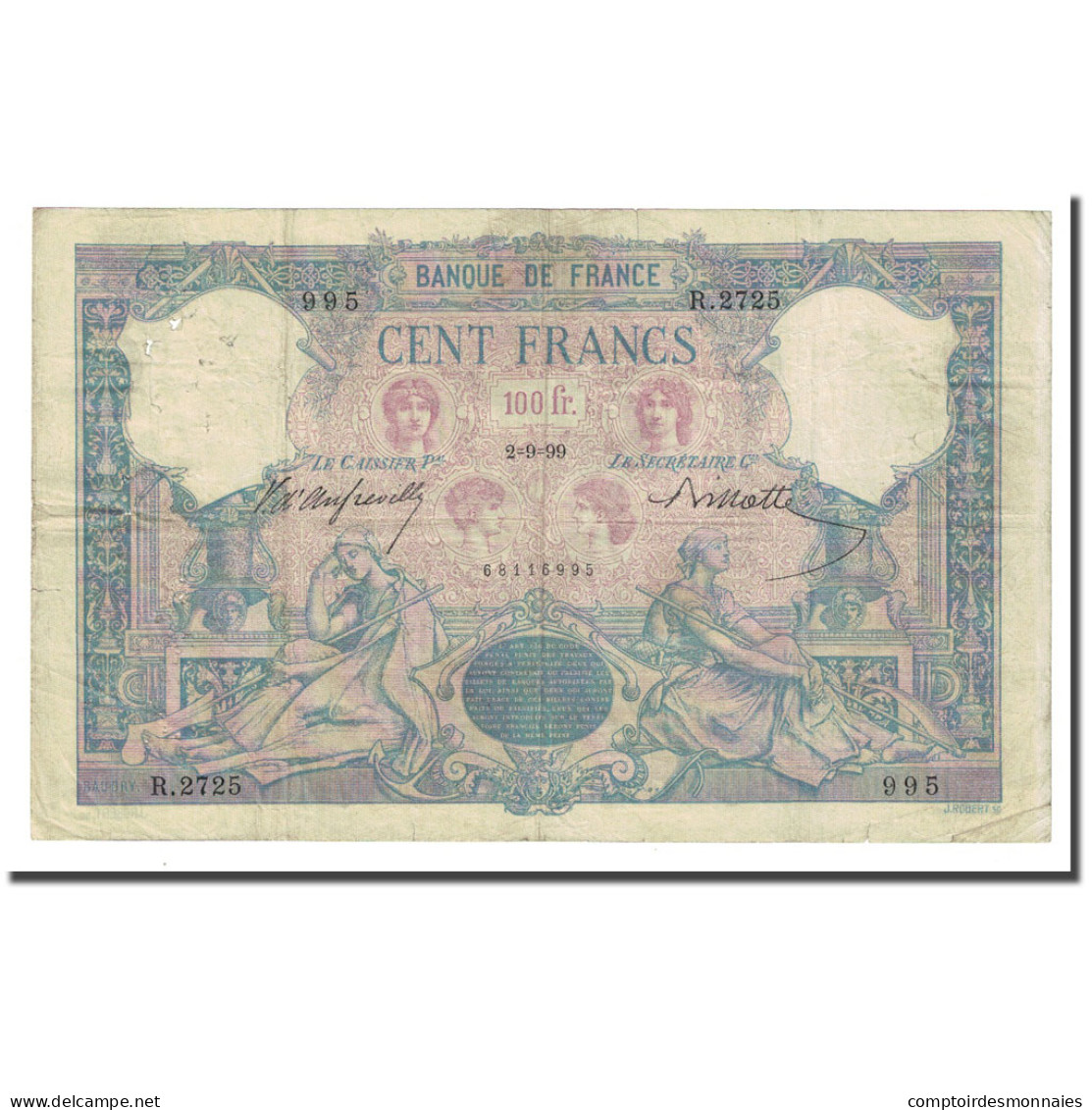 France, 100 Francs, Bleu Et Rose, 1899-09-02, TB+, Fayette:21.12, KM:65b - 100 F 1888-1909 ''Bleu Et Rose''