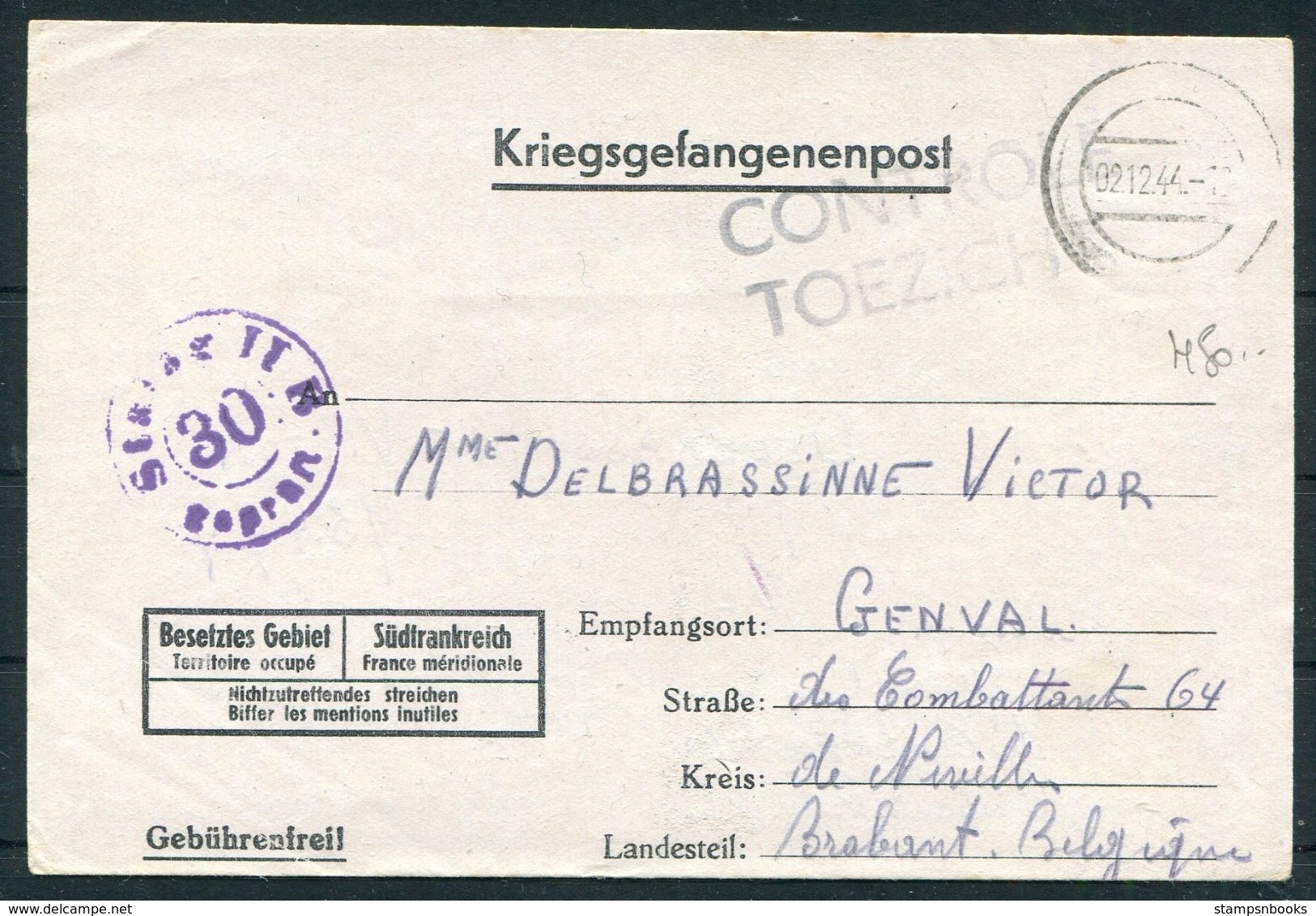 1944 Germany Kriegsgefangenpost POW Stalag II-B Hammerstein Czarne Pomerania Censor - Belgium. - Covers & Documents