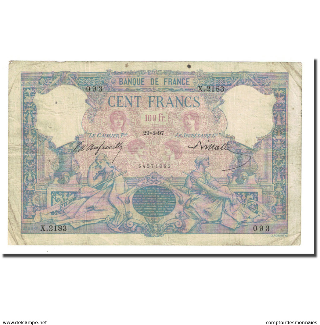 France, 100 Francs, Bleu Et Rose, 1897-04-29, TB, Fayette:21.10, KM:65b - 100 F 1888-1909 ''Bleu Et Rose''