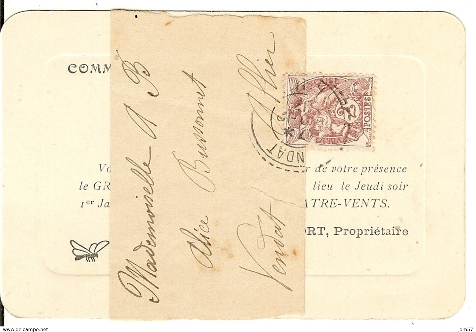 Carton D'invitation à Un Bal à Vendat (Allier) Affranchie Par Blanc 2c N°108 Sur Bande (manque Le Dos De La Bande) 1914 - 1877-1920: Période Semi Moderne