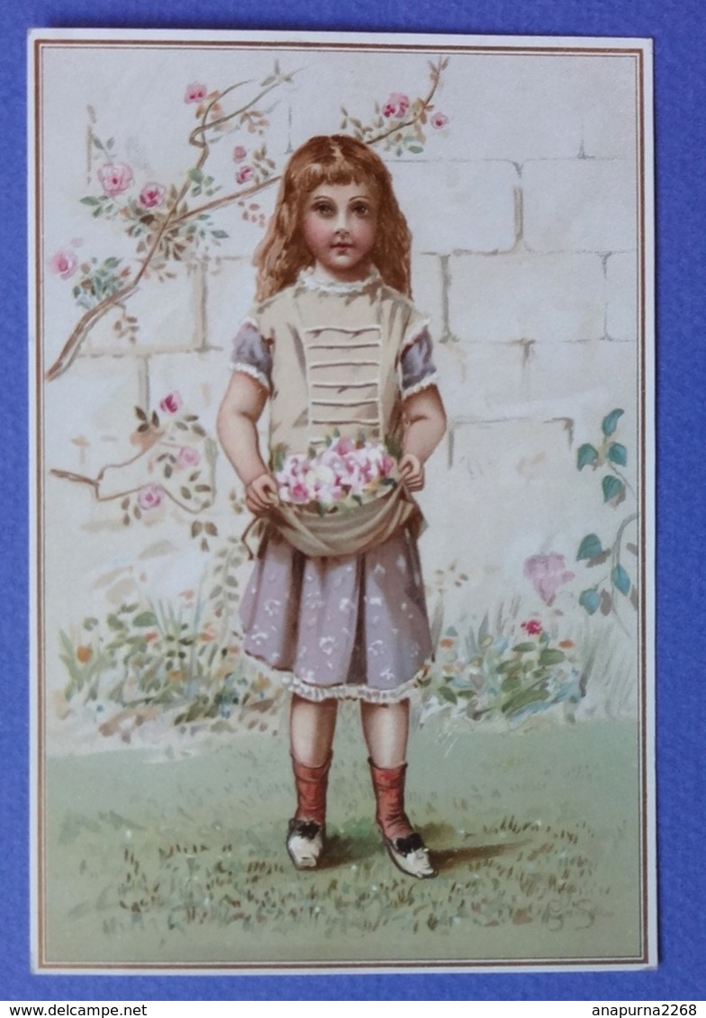 CHROMO LITHOGRAPHIE...   13.5 / 9 Cm....PETITE FILLE QUI A RAMASSE DES FLEURS - Autres & Non Classés