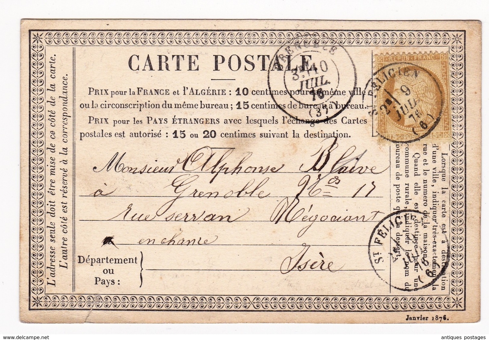 Carte Postale 1876 Saint-Félicien Ardèche Grenoble Isère Chanvre Cerès 15 Centimes - 1871-1875 Ceres