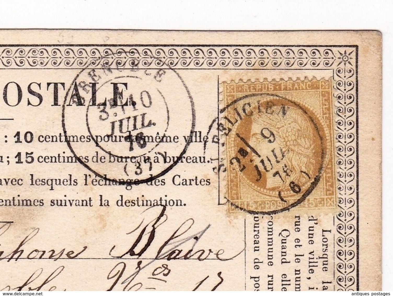 Carte Postale 1876 Saint-Félicien Ardèche Grenoble Isère Chanvre Cerès 15 Centimes - 1871-1875 Ceres