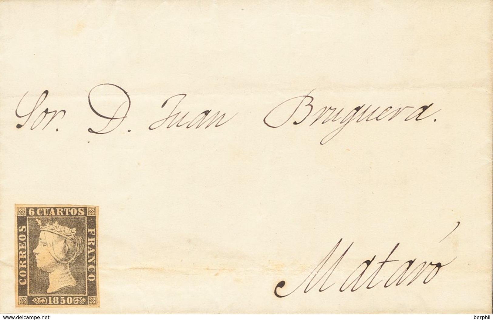 Sobre 1A. 1850. (15 De Noviembre). 6 Cuartos Negro (sin Matasellar). BARCELONA A MATARO. Circulada Sin Inutilizar Por Ha - Altri & Non Classificati