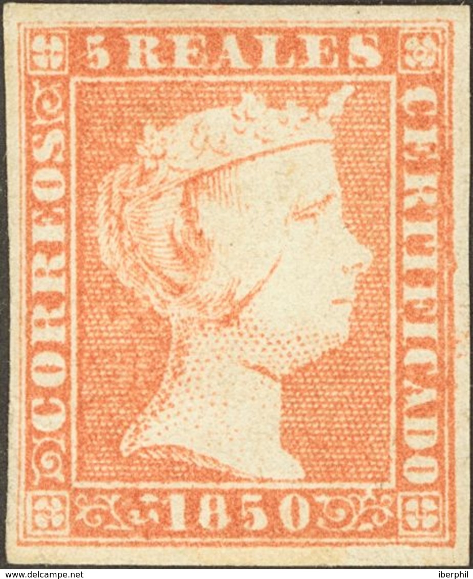 *3. 1850. 5 Reales Rojo (inapreciable Reparación En El Margen Inferior). MAGNIFICO. Cert. CEM. - Autres & Non Classés