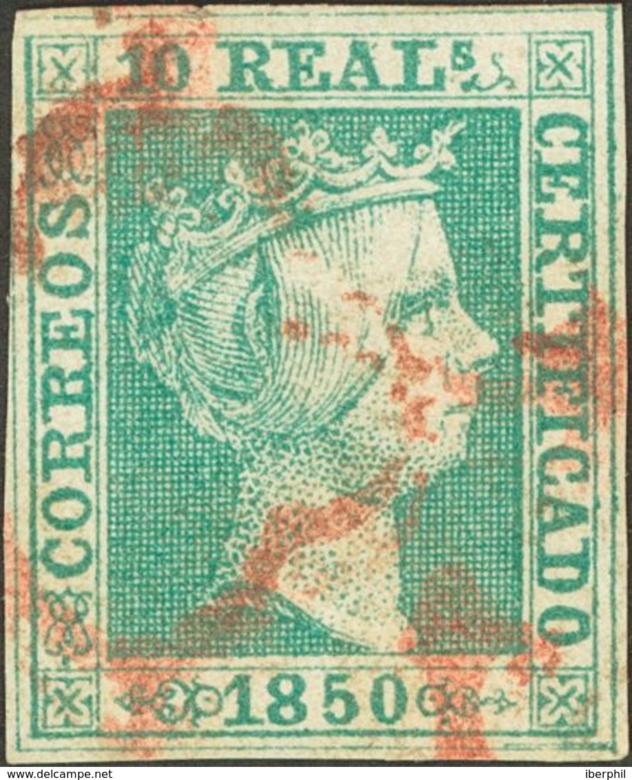 º5. 1850. 10 Reales Verde. Matasello ARAÑA, En Rojo. MAGNIFICO Y MUY RARO. Cert. COMEX. Edifil 2014: 7.250 Euros - Autres & Non Classés