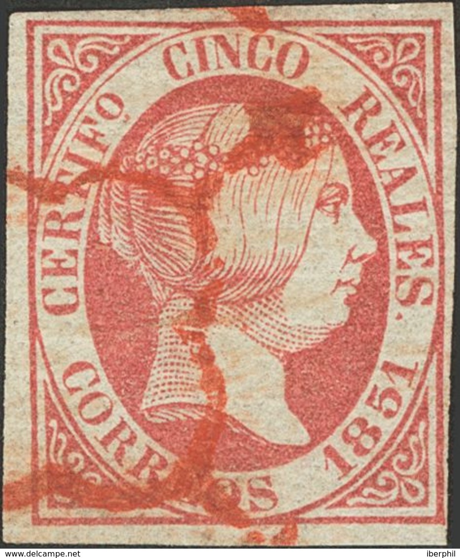 º9. 1851. 5 Reales Rosa. Matasello ARAÑA, En Rojo. MAGNIFICO Y MUY RARO, VERDADERAMENTE ESPECTACULAR. Edifil 2014: 835 E - Other & Unclassified
