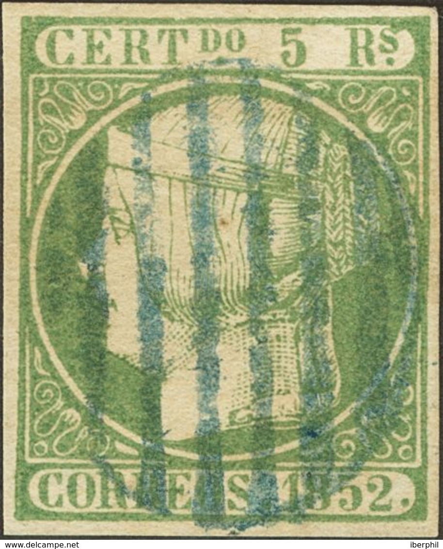 º15. 1852. 5 Reales Verde. Matasello PARRILLA, En Azul. MAGNIFICO. Edifil 2014: 165 Euros - Otros & Sin Clasificación