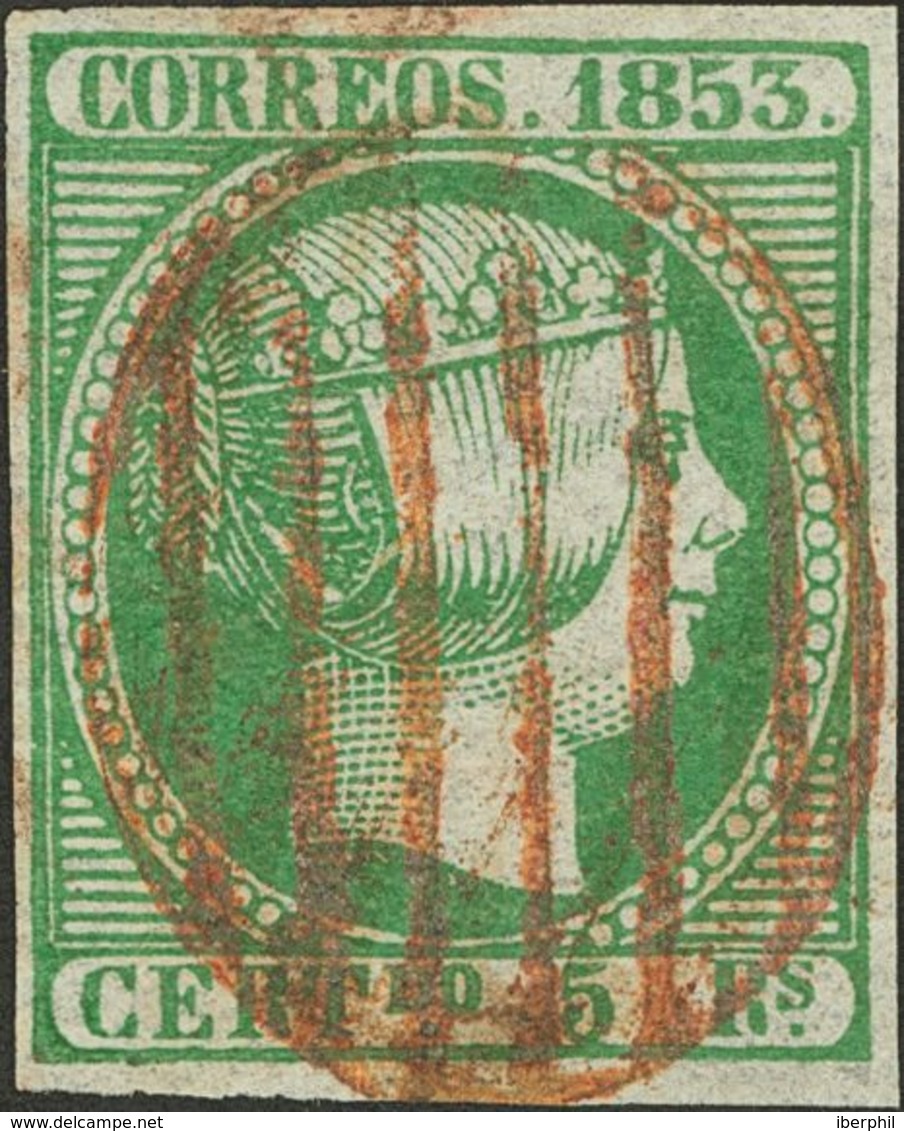 º20. 1853. 5 Reales Verde. Matasello PARRILLA, En Rojo. MAGNIFICO Y RARISIMO. Edifil 2014: 690 Euros - Otros & Sin Clasificación