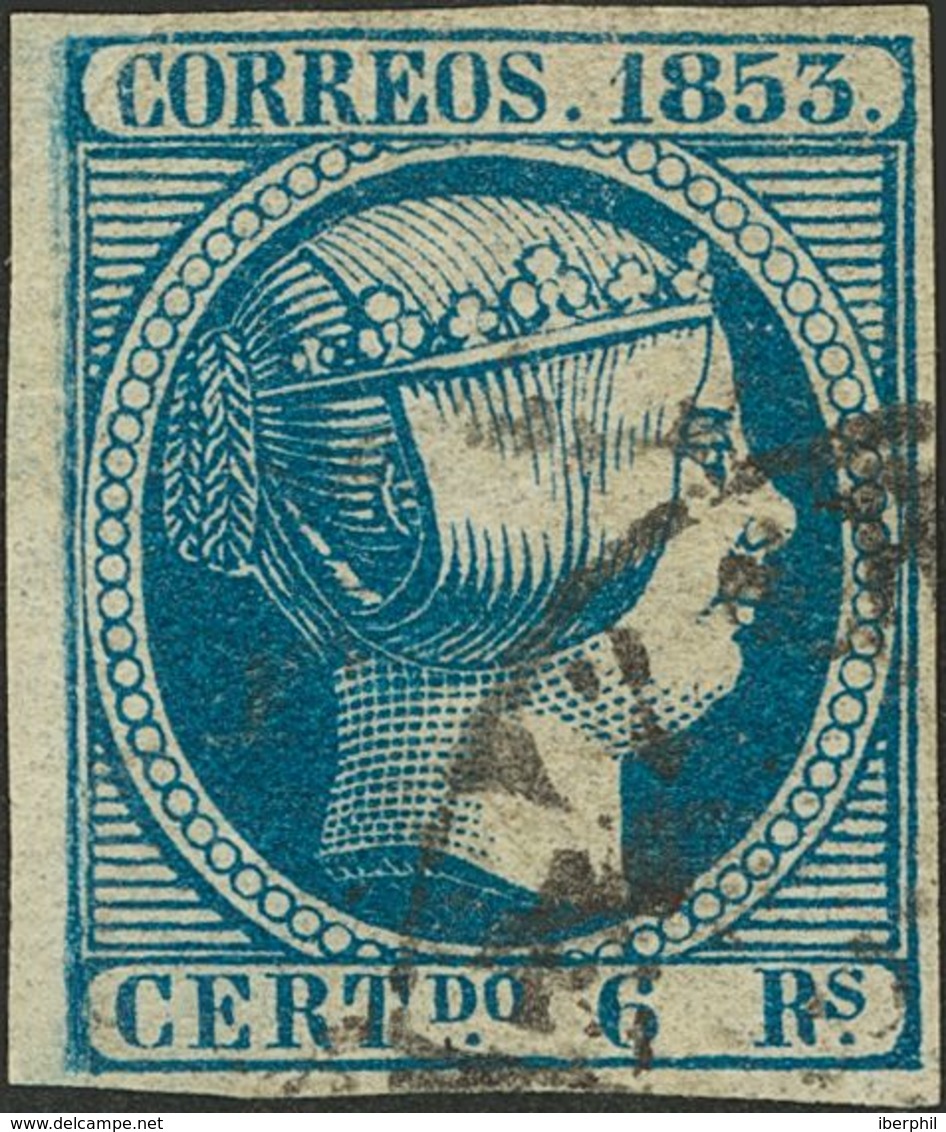 º21. 1853. 6 Reales Azul. Matasello Baeza ZARAGOZA / ARAGON, En Negro. MAGNIFICO Y RARISIMO. Cert. CEM. - Autres & Non Classés