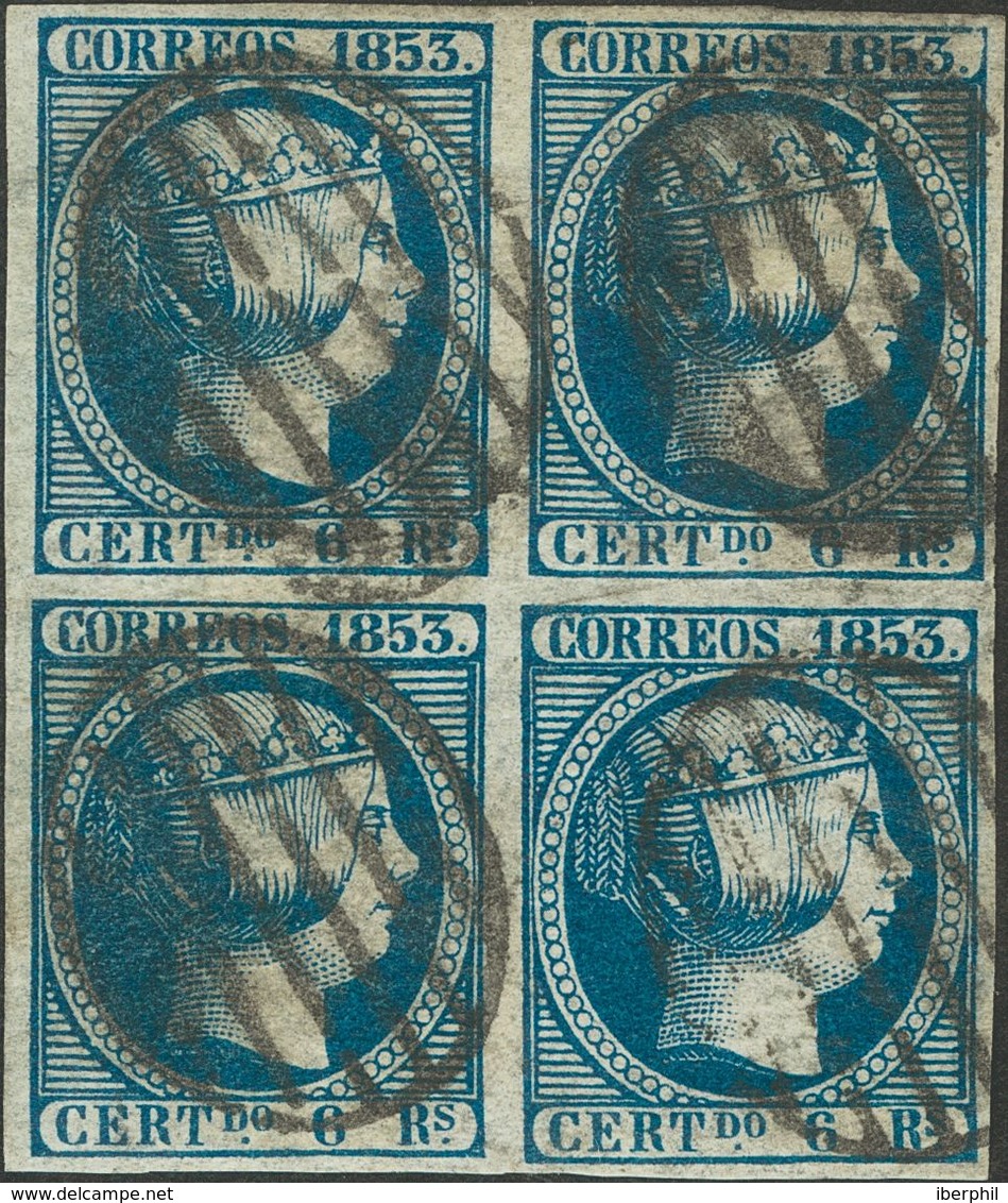 º21(4). 1853. 6 Reales Azul, Bloque De Cuatro (sello Superior Derecha Pequeño Puntito Claro). MAGNIFICO Y RARO. Cert. CE - Autres & Non Classés
