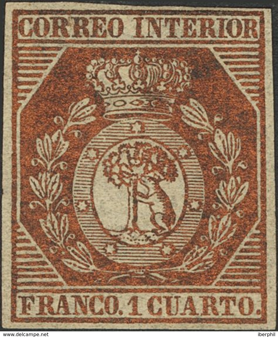 (*)22. 1853. 1 Cuarto Bronce Dorado. Color Intenso Y Amplios Márgenes. MAGNIFICO. Cert. COMEX Y GRAUS. - Sonstige & Ohne Zuordnung