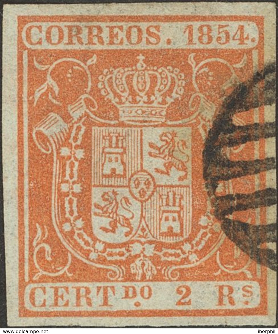 º25pa. 1854. 2 Reales Rojo. PAPEL GRUESO AZULADO. PIEZA DE LUJO. Cert. EXFIMA. - Autres & Non Classés