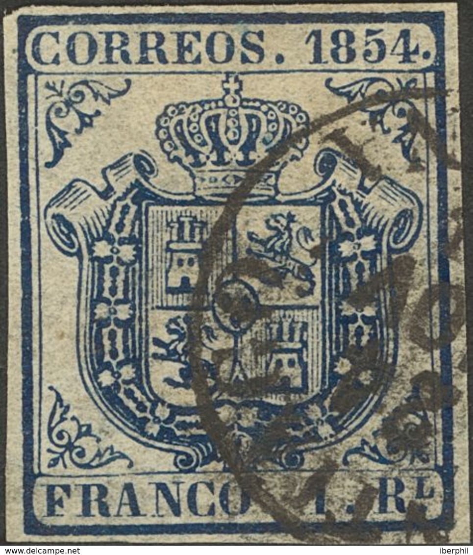 º34. 1854. 1 Real Azul Oscuro. Matasello SANTIAGO / CORUÑA. MAGNIFICA Y MUY RARA. Cert. COMEX. Edifil 2014: 1.250 Euros - Autres & Non Classés