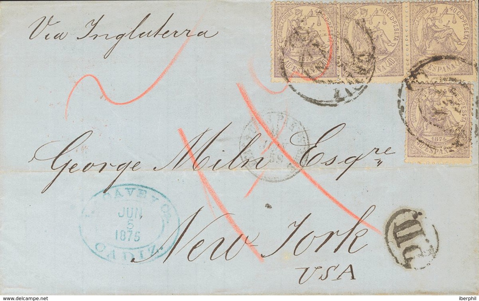 Sobre 148(4). 1874. 40 Cts Violeta, Cuatro Sellos. CADIZ A NUEVA YORK (E.U.A.). Matasello CADIZ / (3) Y En El Frente Fec - Autres & Non Classés