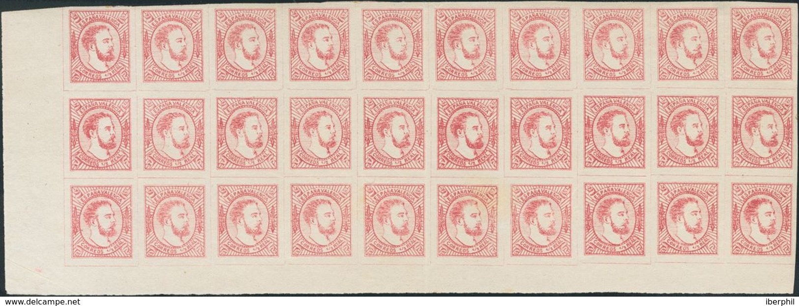 **159(10), 159A(20). 1874. ½ Real Carmín, Bloque De Treinta Sellos (dos Sellos Con Manchitas Del Tiempo Sin Importacia), - Sonstige & Ohne Zuordnung