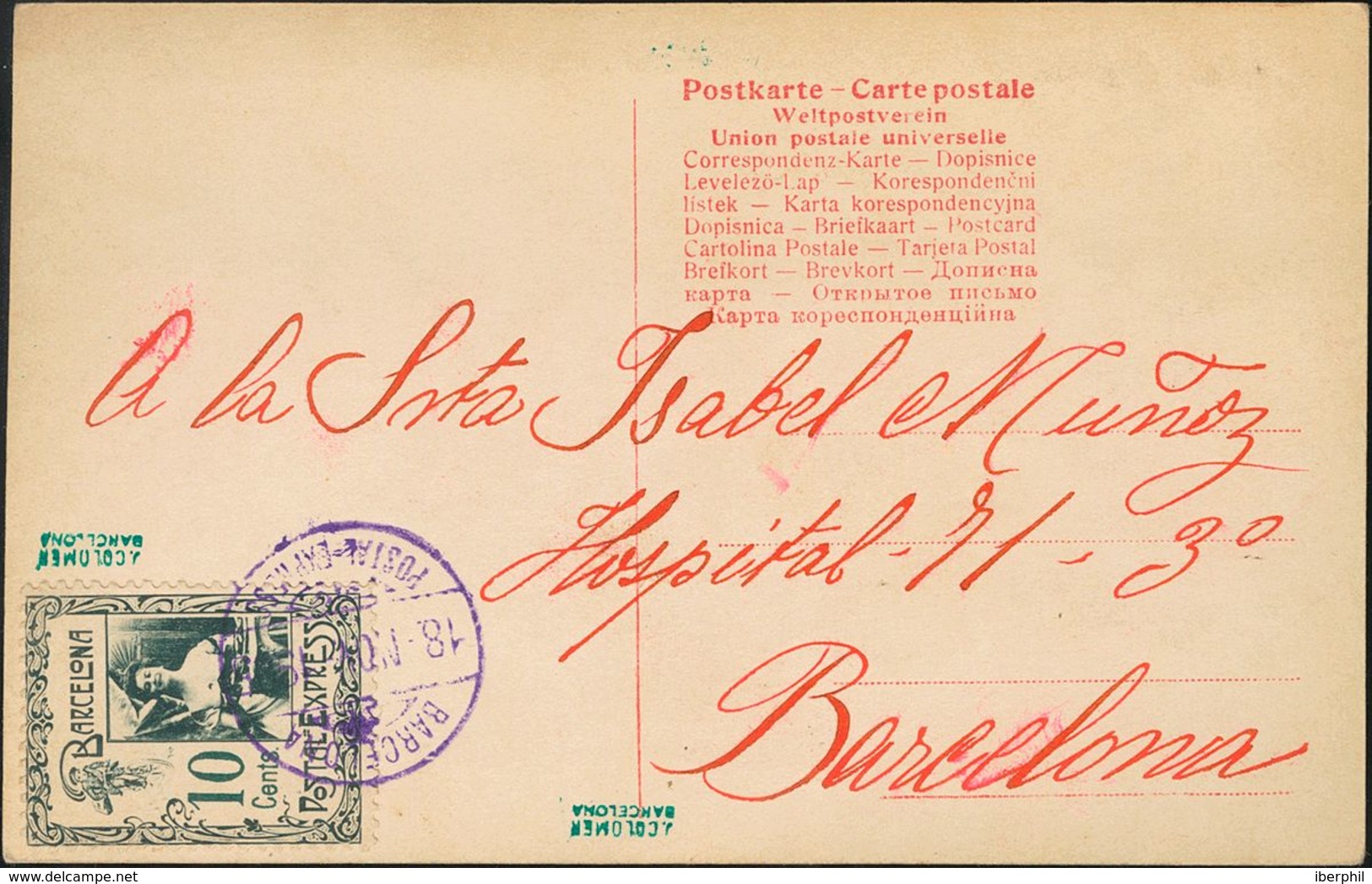 Sobre PEB4. 1905. 10 Cts Azul Verdoso. Tarjeta Postal Interior De BARCELONA. Matasello BARCELONA / POSTAL EXPRESS, En Vi - Sonstige & Ohne Zuordnung