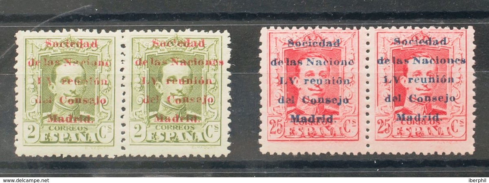 **456t, 461t. 1929. 2 Cts Verde Oliva Y 25 Cts Carmín, En Parejas. Variedad UN SELLO SIN "S" DE NACIONES. MAGNIFICOS. Ed - Autres & Non Classés