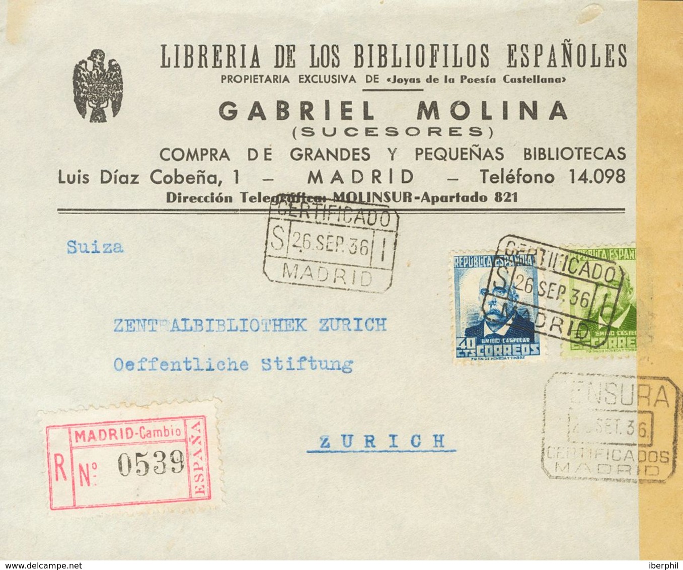 Sobre 670, 672. 1936. 40 Cts Azul Y 60 Cts Verde Oliva. Certificado De MADRID A ZURICH (SUIZA). Al Dorso Dos Viñetas De  - Autres & Non Classés