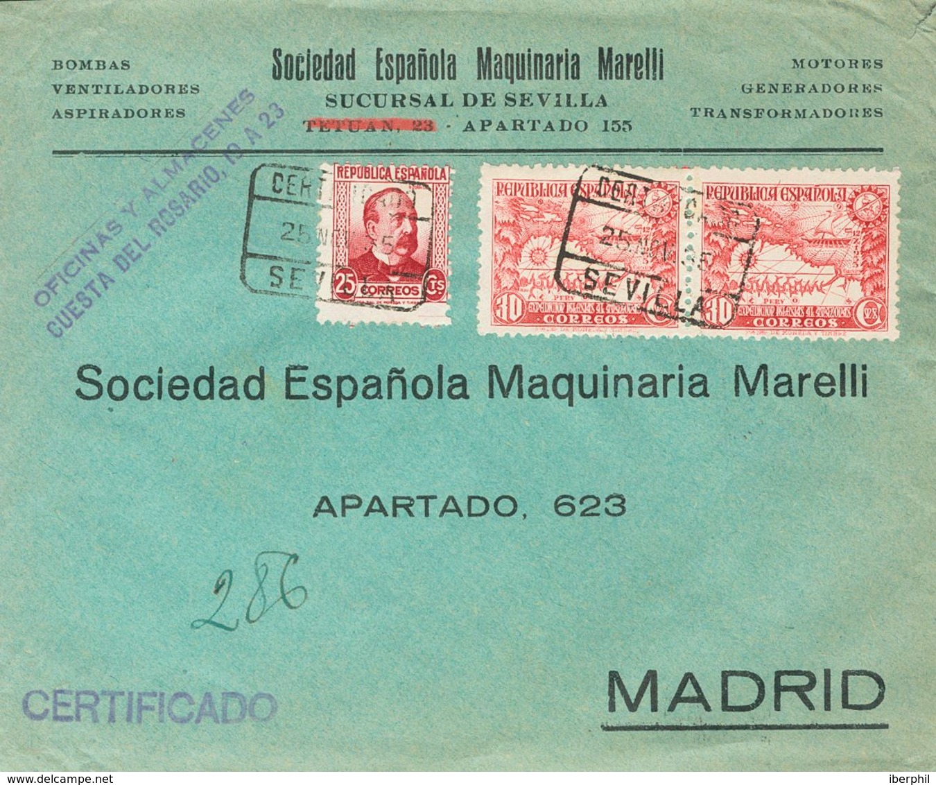 Sobre 694(2), 685. 1935. 30 Cts Rosa Carmín, Dos Sellos Y 25 Cts Carmín. Certificado De SEVILLA A MADRID. Al Dorso Llega - Sonstige & Ohne Zuordnung