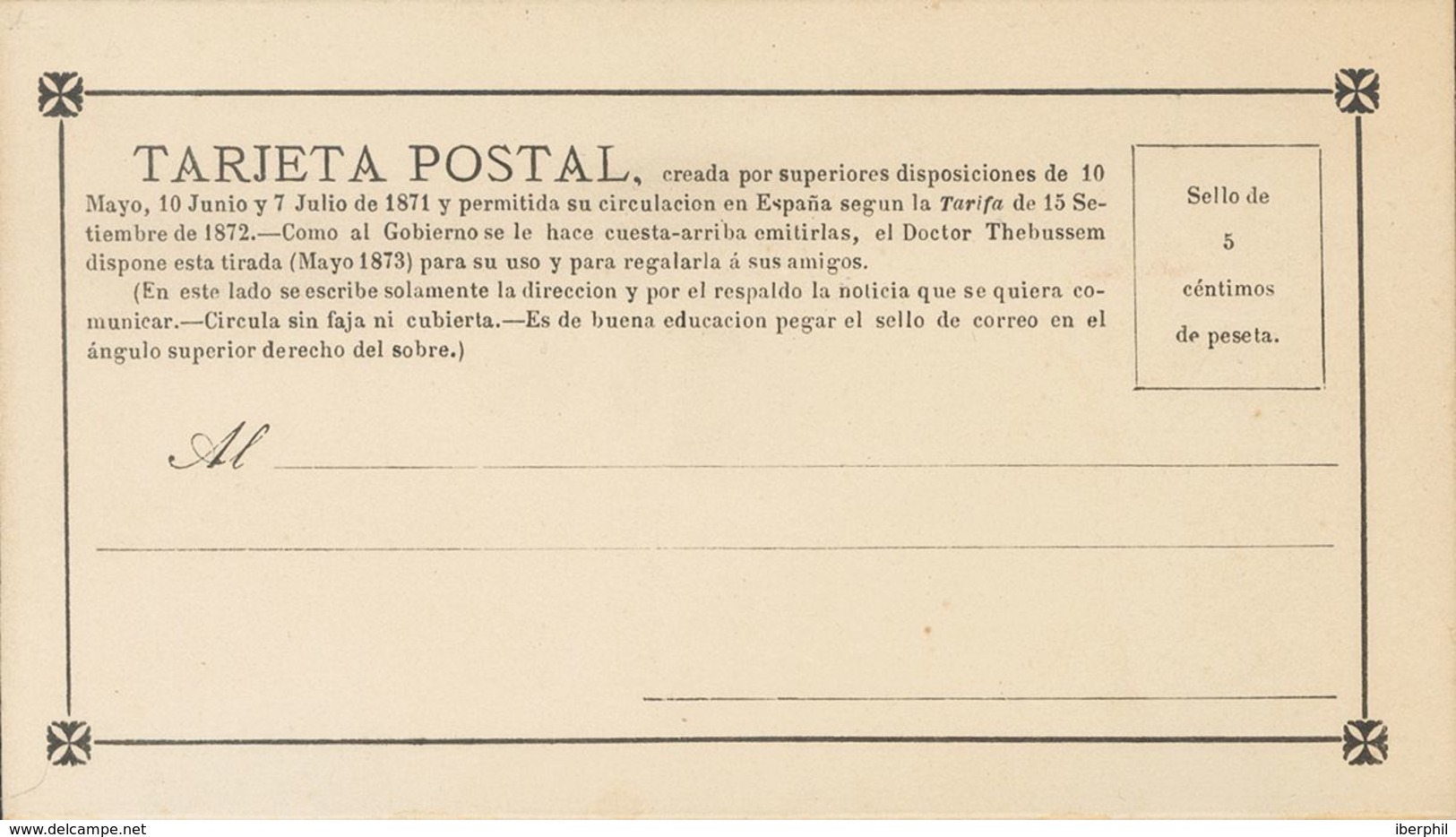 (*)EPPR3. 1873. 5 Cts Negro. TARJETA POSTAL PROVISORIA (Thebussem Con "m" Y Sin Pie De Imprenta). MAGNIFICA Y RARA, EDIT - Sonstige & Ohne Zuordnung