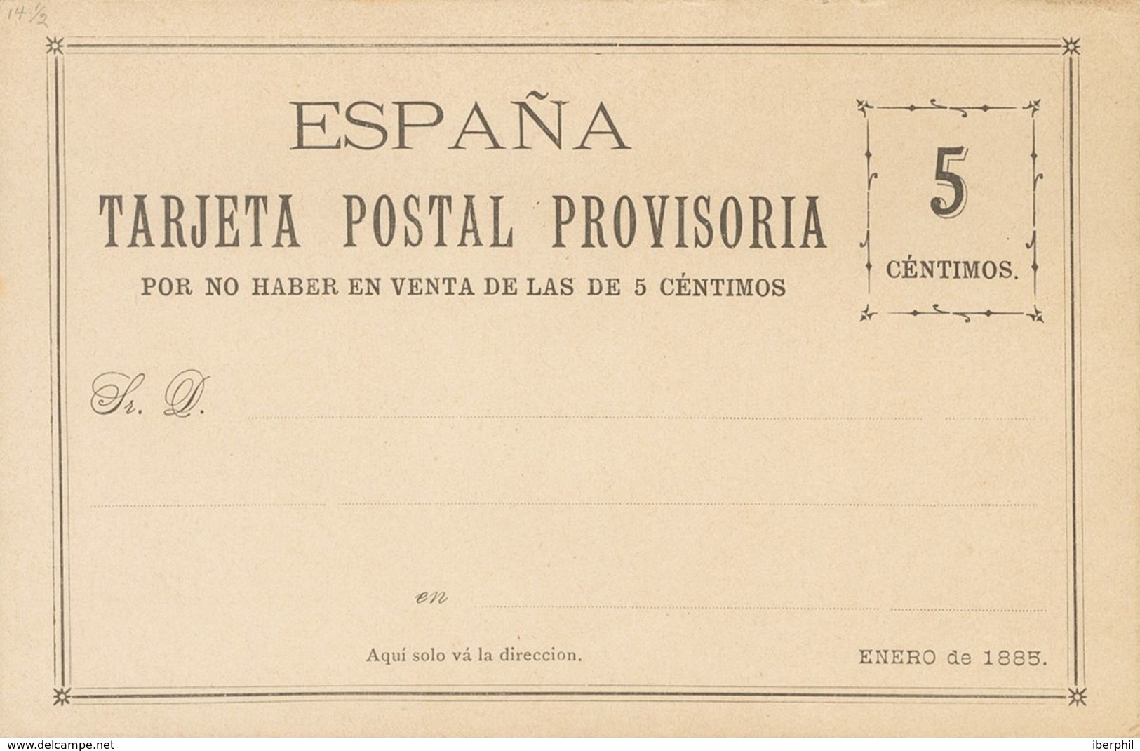 (*)EPCC1. 1885. 5 Cts Negro. TARJETA POSTAL PROVISORIA DE CARRERAS CANDI (sin La Marquilla Violeta). MAGNIFICA. - Sonstige & Ohne Zuordnung