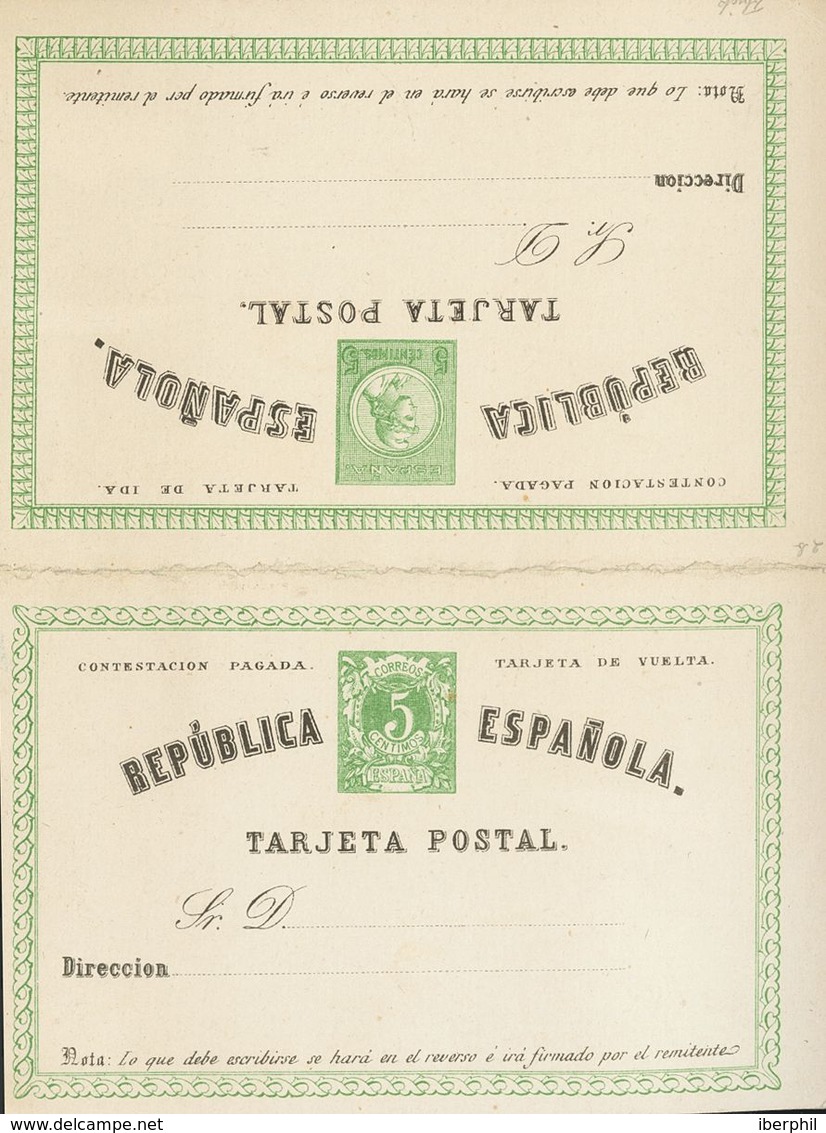 (*)EP2. 1873. 5 Cts + 5 Cts Verde Sobre Tarjeta Entero Postal, De Ida Y Vuelta. MAGNIFICA. Edifil 2019: 102 Euros - Autres & Non Classés