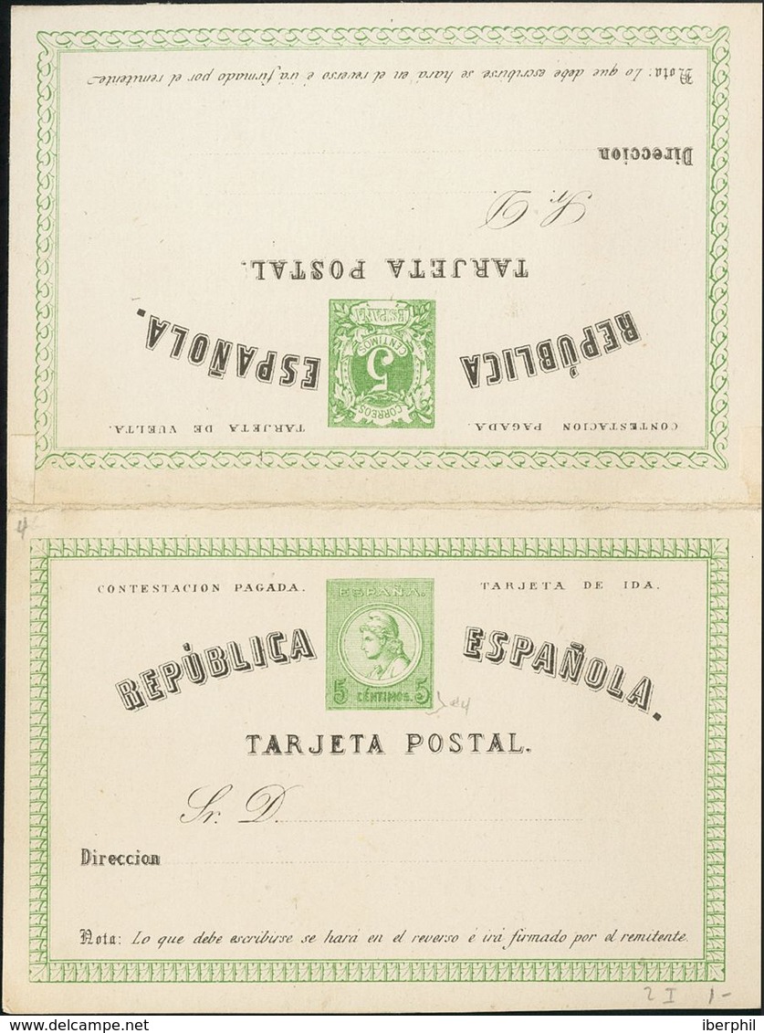 (*)EP2A. 1873. 5 Cts + 5 Cts Verde Sobre Tarjeta Entero Postal, De Ida Y Vuelta (Tipo II). MAGNIFICA Y RARA. Edifil 2020 - Otros & Sin Clasificación