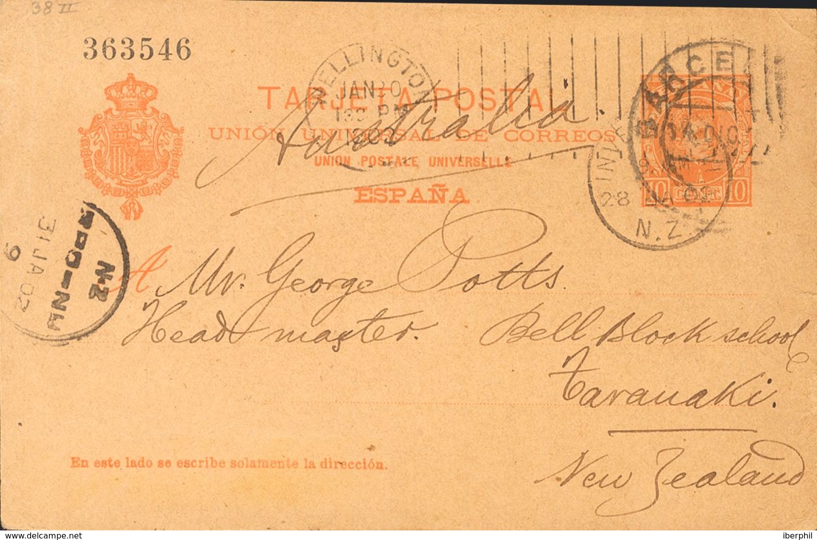 Sobre EP40. 1902. 10 Cts Naranja Sobre Tarjeta Entero Postal De BARCELONA A TARANAKI (NUEVA ZELANDA). En El Frente Llega - Autres & Non Classés