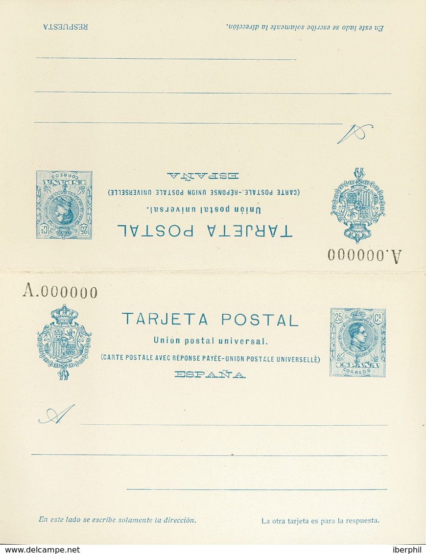 (*)EPNE5. 1922. 25 Cts+25 Cts Azul Sobre Tarjeta Entero Postal, De Ida Y Vuelta. NO EMITIDA. MAGNIFICA Y RARA. Edifil 20 - Autres & Non Classés
