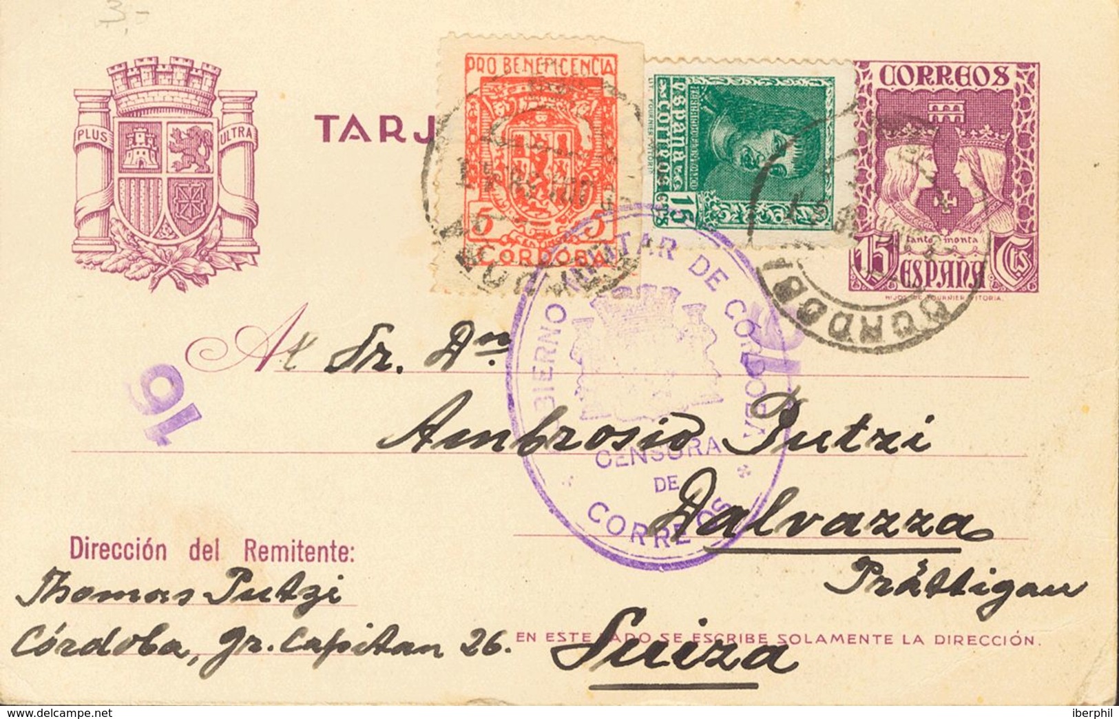 Sobre EP81, 841A. 1938. 15 Cts Sobre Tarjeta Entero Postal De CORDOBA A DALVAZZA (SUIZA), Con Franqueo Complementario De - Sonstige & Ohne Zuordnung