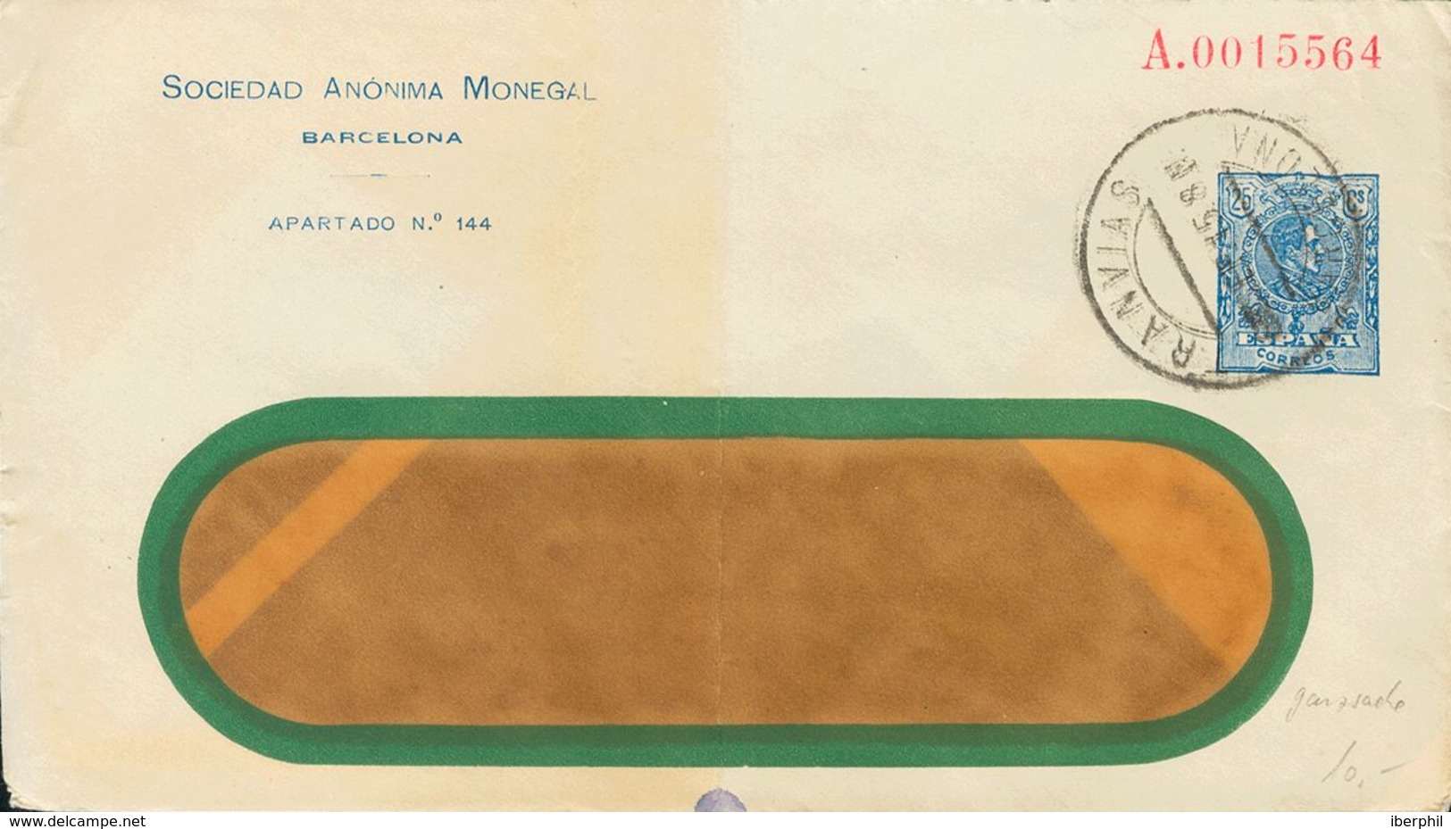 Sobre EP357. 1915. 25 Cts Azul Sobre Entero Postal Privado SOCIEDAD ANONIMA MONEGAL (plegado En El Centro) De BARCELONA  - Autres & Non Classés
