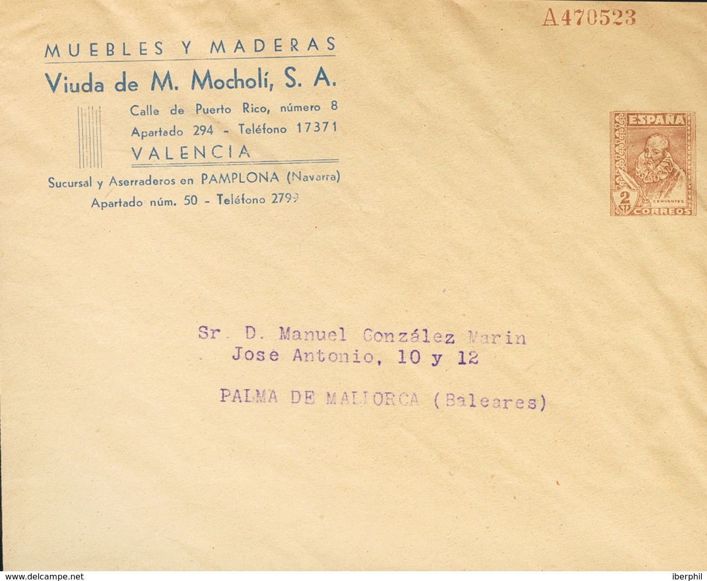 ºEP1417. (1952ca). 2 Cts Castaño Sobre Entero Postal Privado VIUDA DE M.MOCHOLI S.A. (membrete Azul), Con Dirección Del  - Sonstige & Ohne Zuordnung