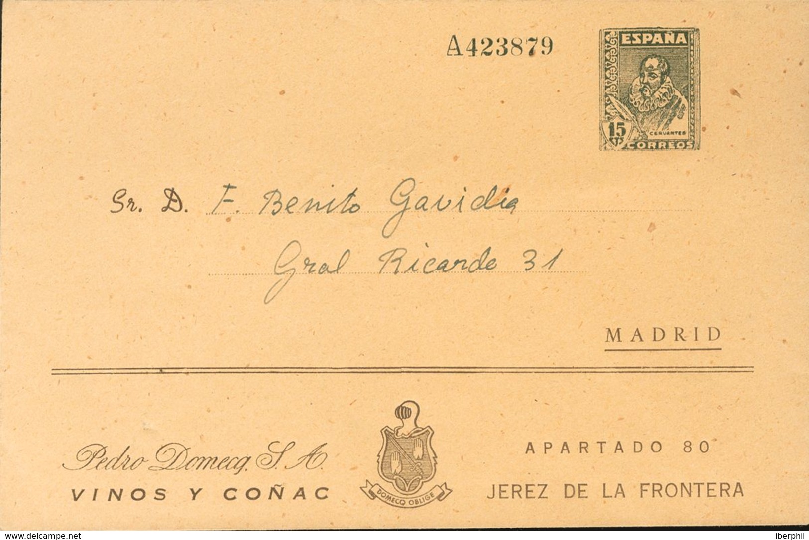 (*)EP1440. 1941. 15 Cts Verde Gris (papel Crema) Sobre Entero Postal Privado PEDRO DOMECQ. S.A. Dirigido A MADRID. MAGNI - Autres & Non Classés