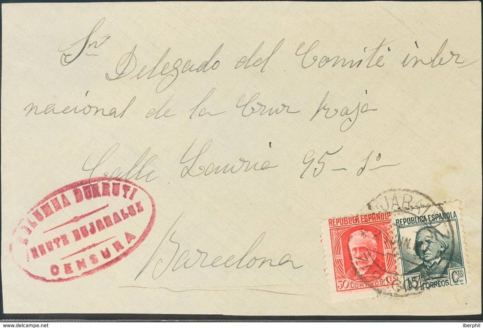 Sobre 734, 683. 1937. 30 Cts Rojo Y 15 Cts Verde Gris. Frontal De BUJARALOZ A BARCELONA. En El Frente Marca COLUMNA DURR - Autres & Non Classés