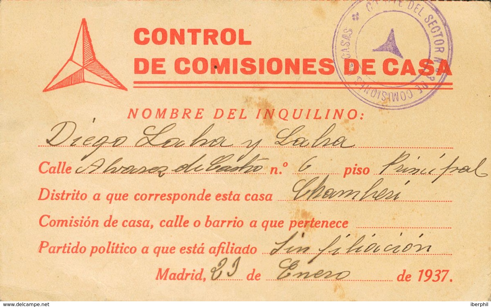 Sobre . 1937. Ficha Del CONTROL DE COMISIONES DE CASA Con Marca COMITE DEL SECTOR Nº3 DE COMISIONES DE CASAS, En Violeta - Autres & Non Classés