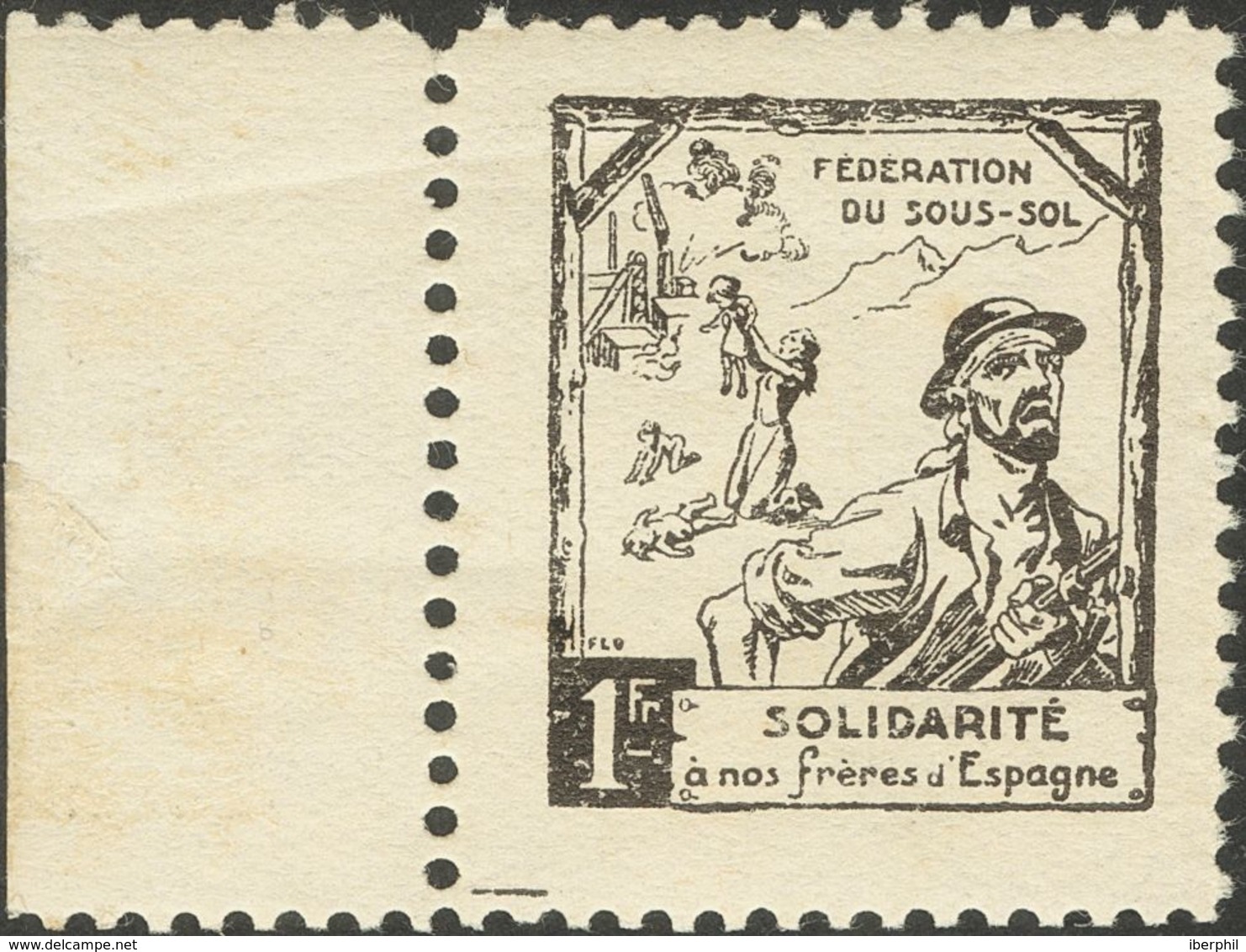 (*). 1938. 1 F Negro. FEDERATION DU SOUS SOL / SOLIDARITE A NOS FRERES DE ESPAGNE. MAGNIFICA Y RARA. (Allepuz, 2672) - Otros & Sin Clasificación