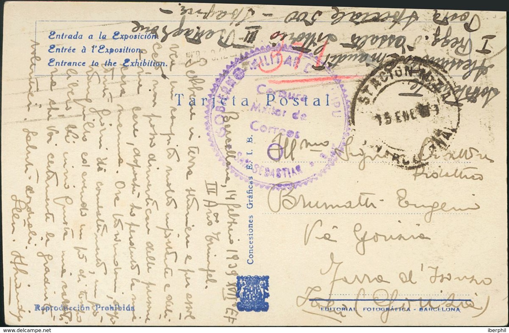 Sobre . 1939. Tarjeta Postal De BARCELONA A ITALIA, Remitida Por Un Suboficial Del C.T.V., Con Remite De La Posta Specia - Autres & Non Classés