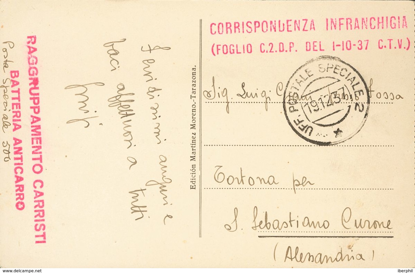 Sobre . 1937. Tarjeta Postal (ilustración De Tarazona) Dirigida A SAN SEBASTIANO CURONE (ITALIA). Marcas CORRISPONDENZA  - Autres & Non Classés