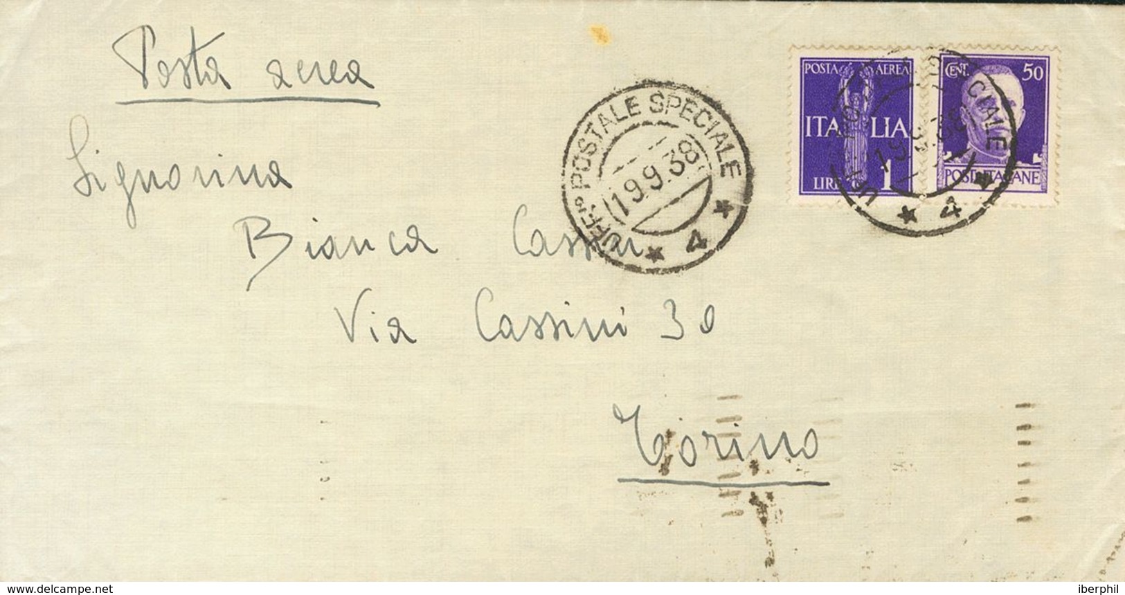 Sobre Yv . 1938. 50 Cts Y 1 L Violeta De Italia. Dirigida A TURIN (ITALIA). Matasello UFFIO POSTALE SPECIALE / 4 Y Al Do - Autres & Non Classés