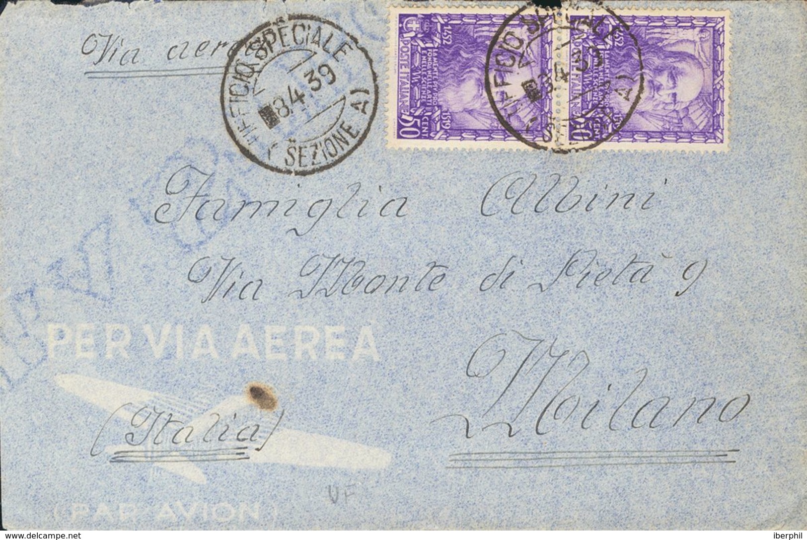 Sobre . 1939. 50 Cts Violeta (Da Vinci) De Italia, Dos Sellos. Dirigida A MILAN (ITALIA). Matasello UFFICIO SPECIALE / ( - Sonstige & Ohne Zuordnung