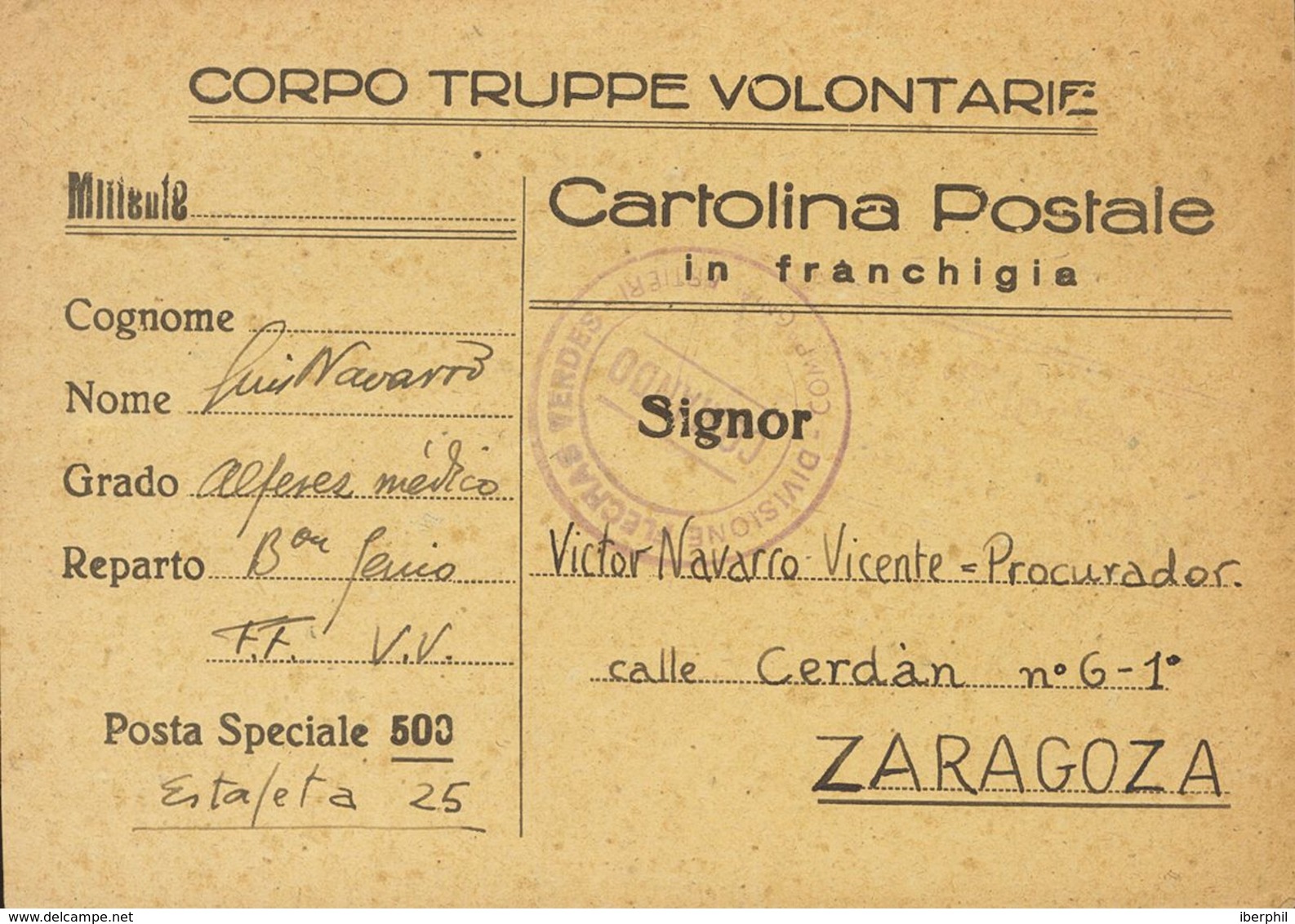 Sobre . 1939. Tarjeta Postal De La POSTA SPECIALE 500 De BARCELONA A ZARAGOZA. Marca DIVISION FLECHAS VERDES / COMPA.GNL - Autres & Non Classés